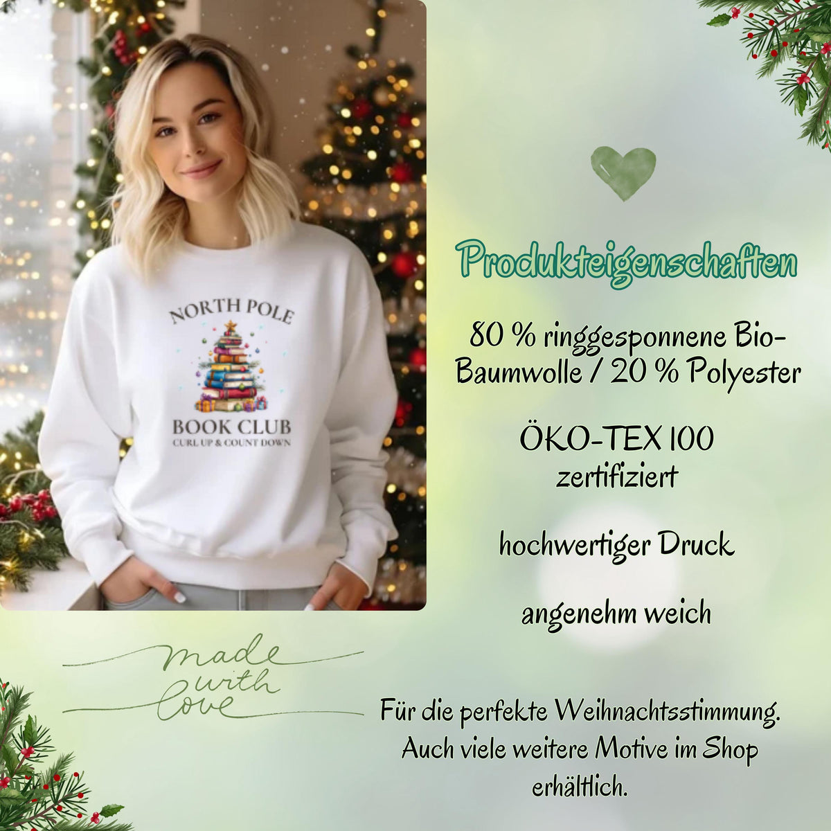 Weihnachtlicher Sweater für Damen mit Buchbaum-Motiv und „North Pole Book Club“-Schriftzug. Perfekter Winterpullover für Leseratten, Bücherliebhaberinnen und gemütliche Lesestunden. Ideal als Geschenk für Frauen, Lehrerinnen, Kolleginnen oder als Wichtelgeschenk zu Weihnachten. Das kuschelige Sweatshirt kombiniert Weihnachtszauber mit Buchliebe – ein festliches Outfit für Advent, Lesecouch und Buchclub-Treffen. Für alle, die ihre Liebe zu Geschichten auch modisch zeigen wollen.
