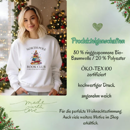 Weihnachtlicher Sweater für Damen mit Buchbaum-Motiv und „North Pole Book Club“-Schriftzug. Perfekter Winterpullover für Leseratten, Bücherliebhaberinnen und gemütliche Lesestunden. Ideal als Geschenk für Frauen, Lehrerinnen, Kolleginnen oder als Wichtelgeschenk zu Weihnachten. Das kuschelige Sweatshirt kombiniert Weihnachtszauber mit Buchliebe – ein festliches Outfit für Advent, Lesecouch und Buchclub-Treffen. Für alle, die ihre Liebe zu Geschichten auch modisch zeigen wollen.