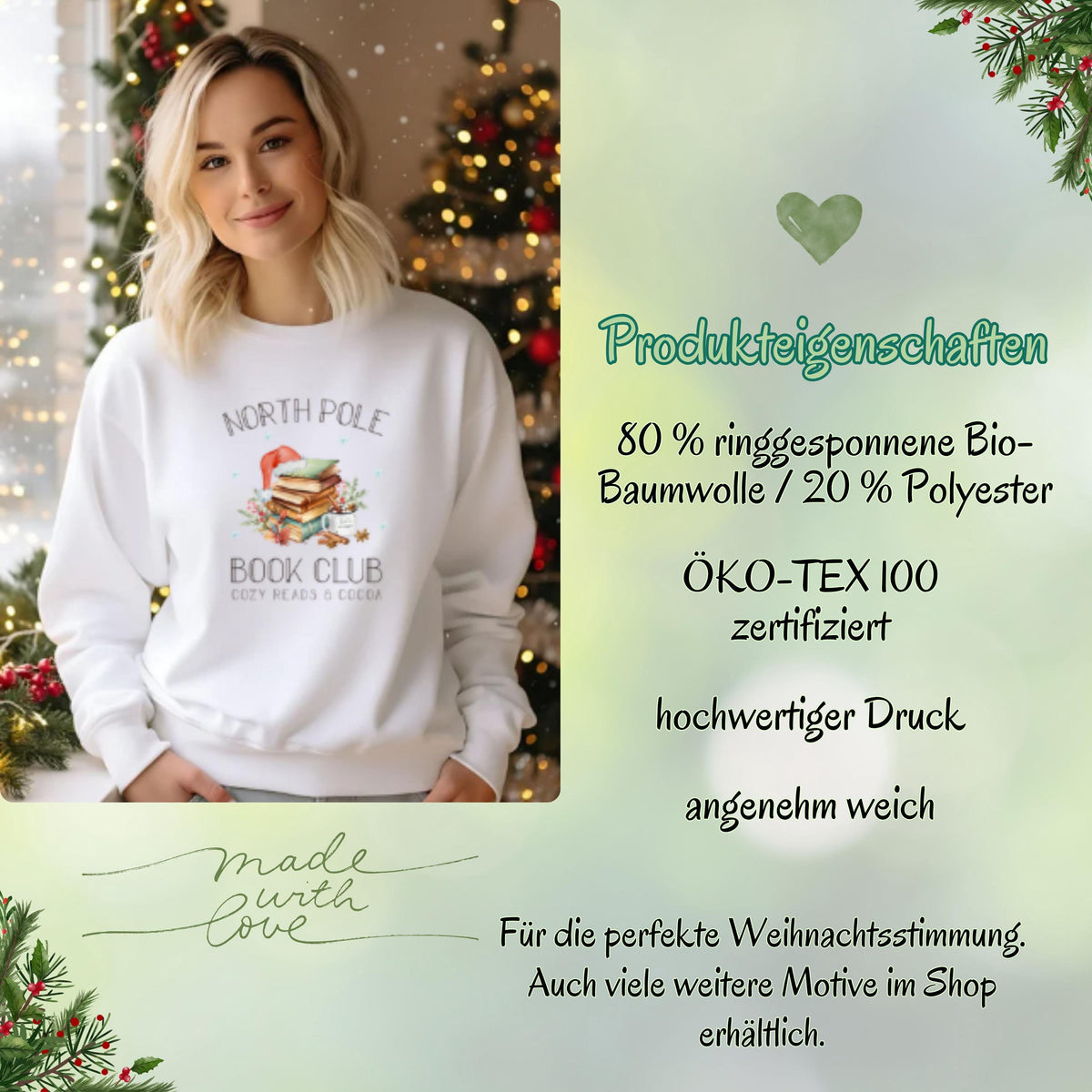 Weihnachtspullover für Damen mit Bücherstapel, Weihnachtsmütze und Kakao – perfektes Winter-Outfit für Leseratten und Buchliebhaberinnen. Der Sweater zeigt das Motiv „North Pole Book Club – Cozy Reads & Cocoa“ und verbindet Weihnachtsfreude mit Leseleidenschaft. Ideal als Geschenk zu Weihnachten oder Nikolaus für Frauen, die Bücher lieben. Ein kuscheliges, winterliches Oberteil für gemütliche Lesestunden, Weihnachtsfeiern oder den Advent. ein süßer Hingucker für die festliche Saison!