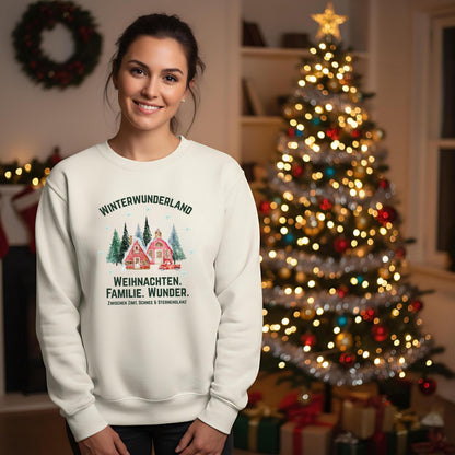 Weihnachtspullover mit nostalgischem Winterdorf, verschneiten Tannen & rotem Haus – ideal für Damen, die Familie, Weihnachten und Wunder lieben. Der gemütliche Winterpullover mit dem Schriftzug "Weihnachten. Familie. Wunder." ist perfekt als Geschenk für Frauen, Mütter oder Kolleginnen. Warm, kuschelig & festlich – dein ideales Outfit für die Weihnachtszeit, Wichtelgeschenk, Familienfeier oder festliche Fotos. Pullover für Damen zu Weihnachten mit Winterzauber, Schneeflocken & Nostalgi
