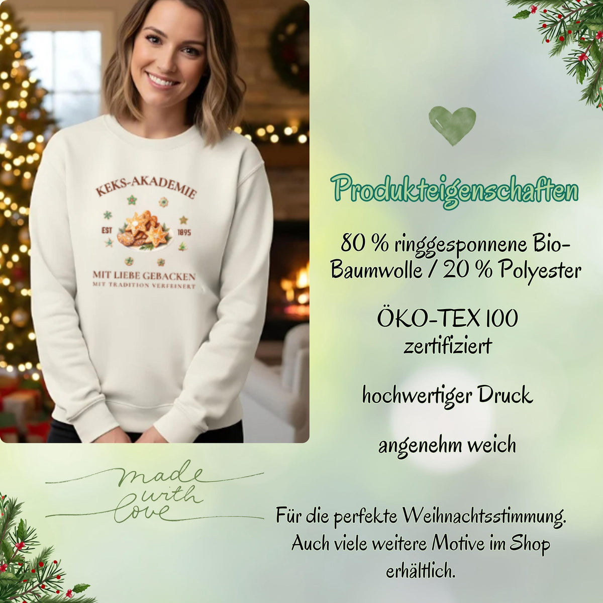 Lustiger Weihnachtspullover mit Plätzchenmotiv und der Aufschrift „Keks-Akademie – Mit Liebe gebacken, mit Tradition verfeinert“. Perfekt für Damen und Herren als Winterpullover für Weihnachten, Advent, Nikolaus oder Weihnachtsmarkt. Tolles Geschenk für Frauen, Männer, Kolleginnen oder als Wichtelgeschenk. Der Sweater vereint Weihnachtsfreude, Humor und Nostalgie – ideal für Plätzchenliebhaber, Familienfotos, Bäcker und winterliche Outfits voller Zimtduft und Herz.