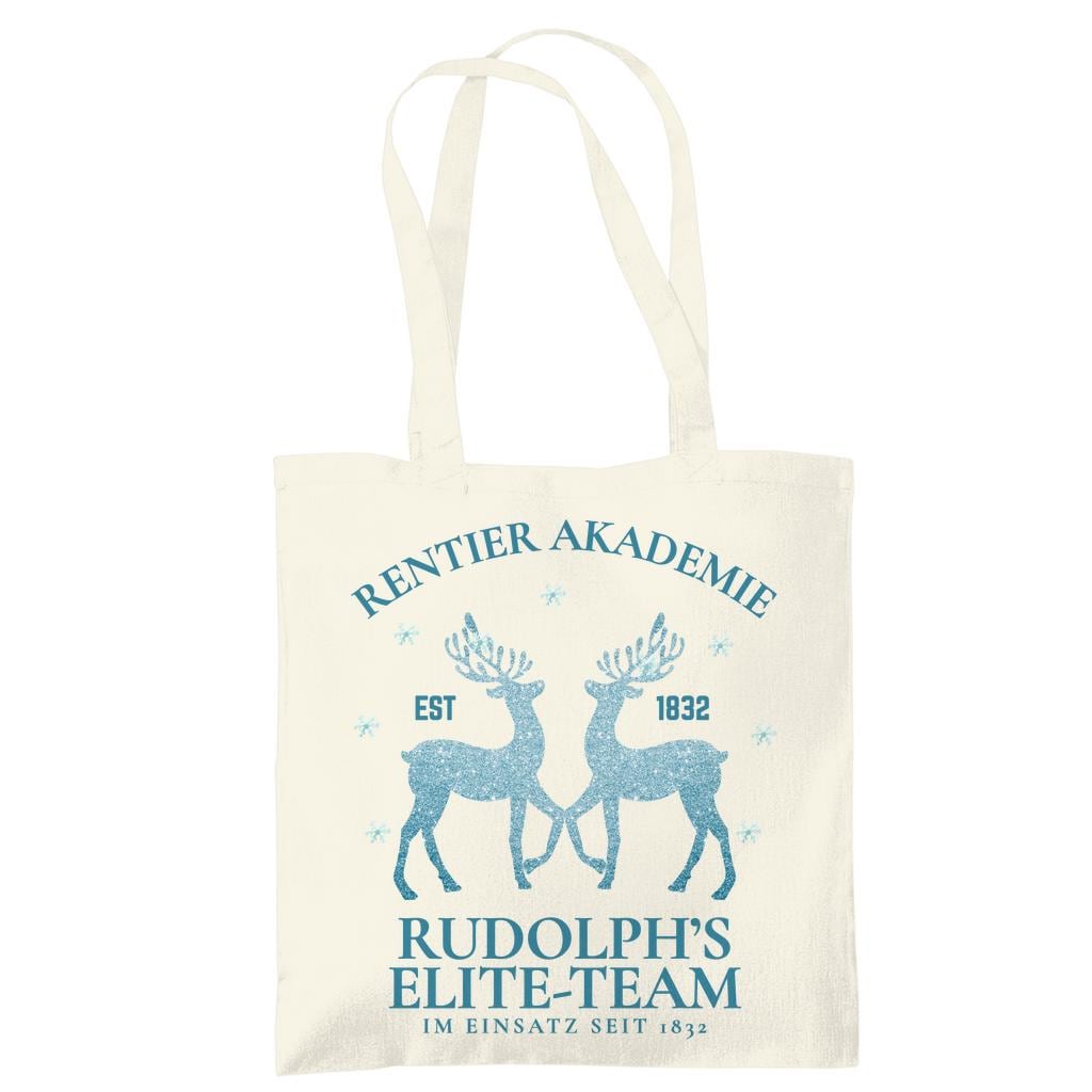 Weihnachtliche Stofftasche mit Rentier-Motiv „Rentier Akademie – Rudolph’s Elite-Team“ im Vintage-Stil. Ideale Baumwolltasche für Weihnachten, Einkäufe, Geschenke oder als nachhaltiger Jutebeutel. Perfekt als Geschenkidee oder als wiederverwendbare Geschenktasche mit Weihnachtsdesign. Waschbar, langlebig, mit langen Henkeln – als Weihnachtsgeschenktasche, Stoffbeutel oder Einkaufstasche nutzbar. Ideal für Damen, Herren oder Kinder zur Weihnachtszeit. Farben: Natur, Blau, Schwarz.