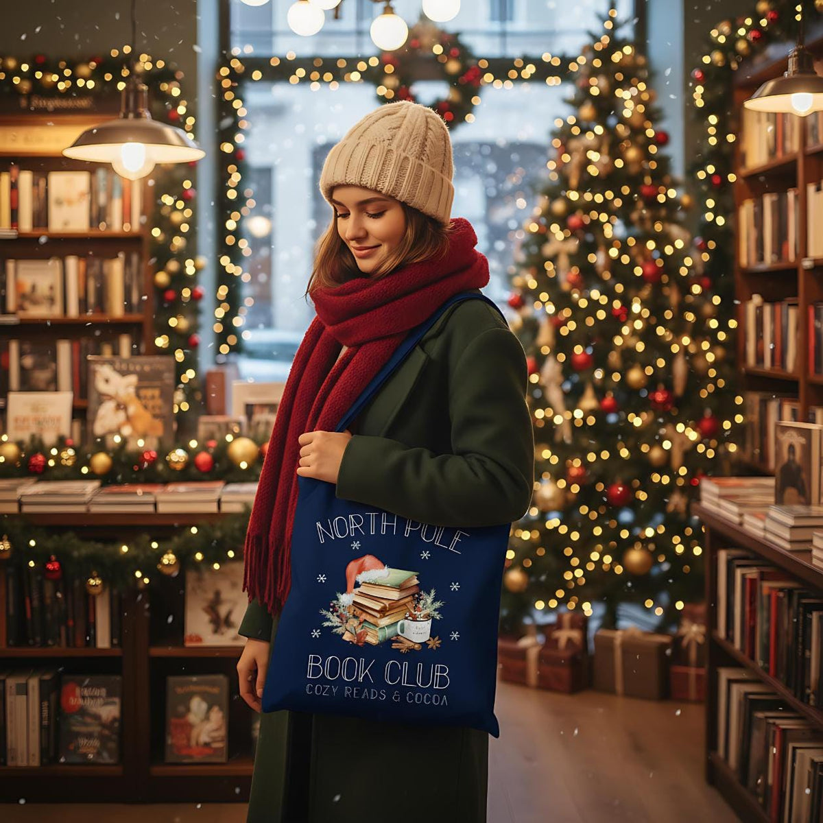 Baumwoll‑Jutebeutel mit weihnachtlichem Bücherbaum‑Motiv und Schriftzug „North Pole Book Club“. Ideal als Stofftasche Weihnachten für Leseratten, Buchliebhaber und Bibliophile – passend als Geschenk oder Einkaufstasche in der Advents‑ und Winterzeit. Hochwertige Baumwolltasche, langlebiger Druck, lange Henkel, umweltfreundlich und vielseitig nutzbar. Perfekt als Weihnachts‑Geschenktasche, Bücherbeutel oder nachhaltige Tasche mit Weihnachtsmotiv für Freunde, Familie oder für dich selbst.