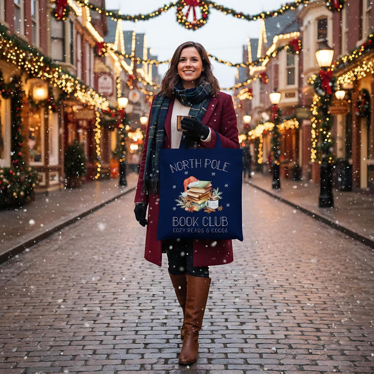 Baumwoll‑Jutebeutel mit weihnachtlichem Bücherbaum‑Motiv und Schriftzug „North Pole Book Club“. Ideal als Stofftasche Weihnachten für Leseratten, Buchliebhaber und Bibliophile – passend als Geschenk oder Einkaufstasche in der Advents‑ und Winterzeit. Hochwertige Baumwolltasche, langlebiger Druck, lange Henkel, umweltfreundlich und vielseitig nutzbar. Perfekt als Weihnachts‑Geschenktasche, Bücherbeutel oder nachhaltige Tasche mit Weihnachtsmotiv für Freunde, Familie oder für dich selbst.