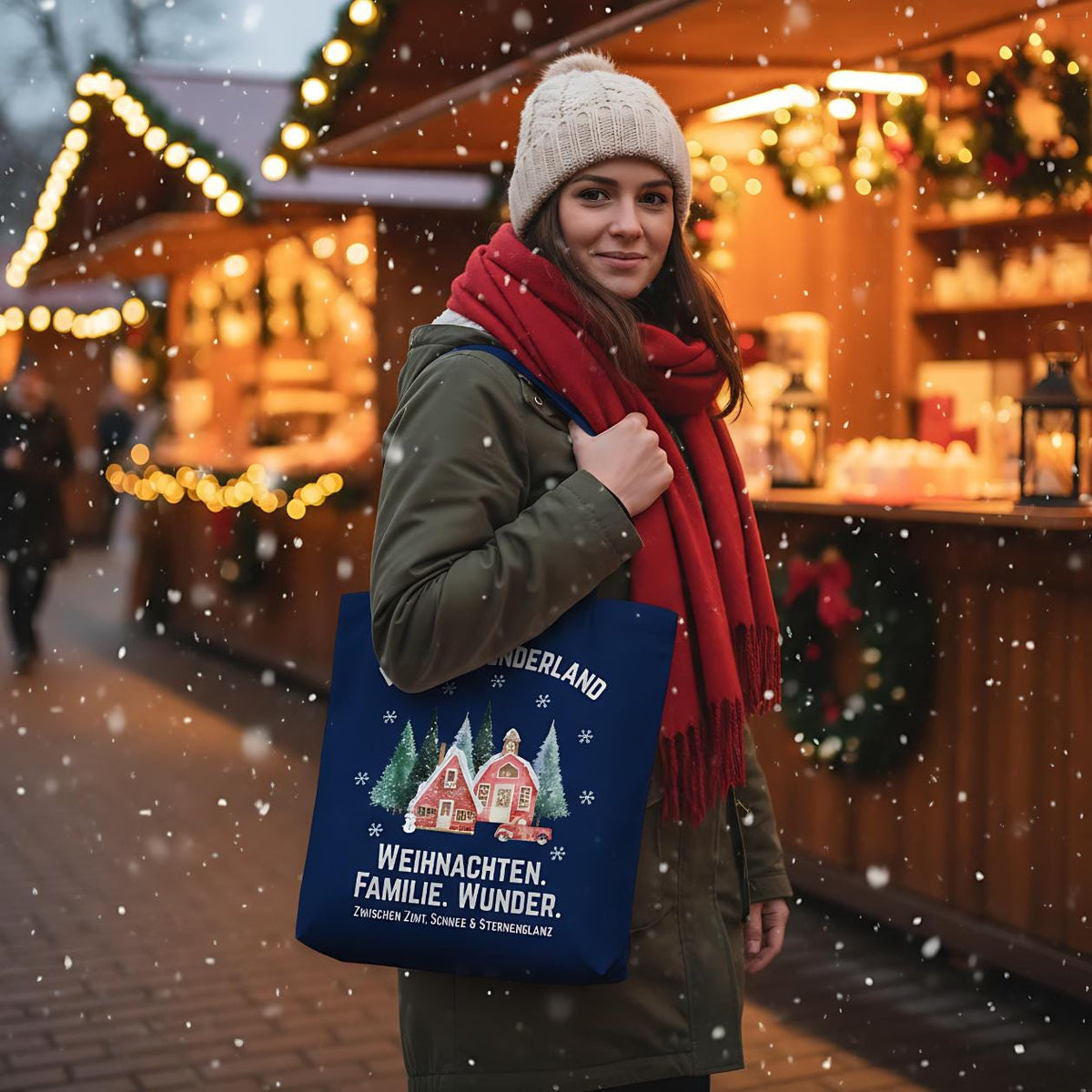 Stofftasche Weihnachten mit Winterwunderland-Motiv: verschneite Häuser, Tannen, rotes Auto und weihnachtlicher Spruch auf einer weißen Baumwolltasche. Nachhaltige Geschenktasche aus 100 % Baumwolle mit langen Henkeln – perfekt als Einkaufstasche, Jutebeutel oder Geschenkverpackung für Weihnachten. Ideal für Familien, Weihnachtsliebhaber oder als stilvolle Alternative zur Geschenkfolie. Einseitig bedruckte Baumwolltasche mit festlichem Look. Jutebeutel Weihnachten & Stofftasche Weihnachten
