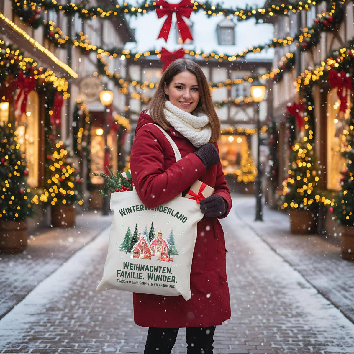 Stofftasche Weihnachten mit Winterwunderland-Motiv: verschneite Häuser, Tannen, rotes Auto und weihnachtlicher Spruch auf einer weißen Baumwolltasche. Nachhaltige Geschenktasche aus 100 % Baumwolle mit langen Henkeln – perfekt als Einkaufstasche, Jutebeutel oder Geschenkverpackung für Weihnachten. Ideal für Familien, Weihnachtsliebhaber oder als stilvolle Alternative zur Geschenkfolie. Einseitig bedruckte Baumwolltasche mit festlichem Look. Jutebeutel Weihnachten & Stofftasche Weihnachten