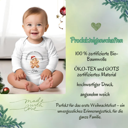 Mein erstes Weihnachten Babybody Weihnachten 2025 aus weißer Bio-Baumwolle mit Lebkuchenmann-Motiv und Text „Mein erstes Weihnachten“. Name des Babys wird personalisiert unter das Motiv gedruckt. Ideal als Weihnachtsoutfit Baby, Babybody personalisiert, Geschenk zur Geburt oder Taufe im Winter. Kurzarm oder Langarm wählbar. Weicher Stoff, hautfreundlich, maschinenwaschbar, nachhaltiger Direktdruck. Perfekt für Neugeborene, Familienfotos, Partnerlook, Baby-Erinnerung oder Babyparty-Geschenk.