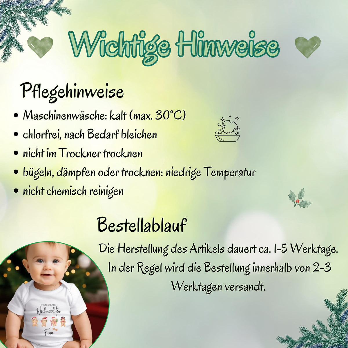Mein erstes Weihnachten Babybody | Lebkuchen-Motiv mit Name personalisiert
Babybody Weihnachten 2025 mit vier Lebkuchenfiguren aus weißer Bio-Baumwolle. Aufdruck „Mein erstes Weihnachten“ und personalisierter Name  darunter. Langarm oder Kurzarm wählbar. Hautfreundlicher Stoff, Direktdruck. Ideal als Babybody personalisiert, Geschenk zur Wintergeburt oder als festliches Baby-Outfit für Weihnachten. Perfekt für Familienfotos, Besuch bei Oma & Opa oder als Partnerlook mit Eltern & Geschwistern.