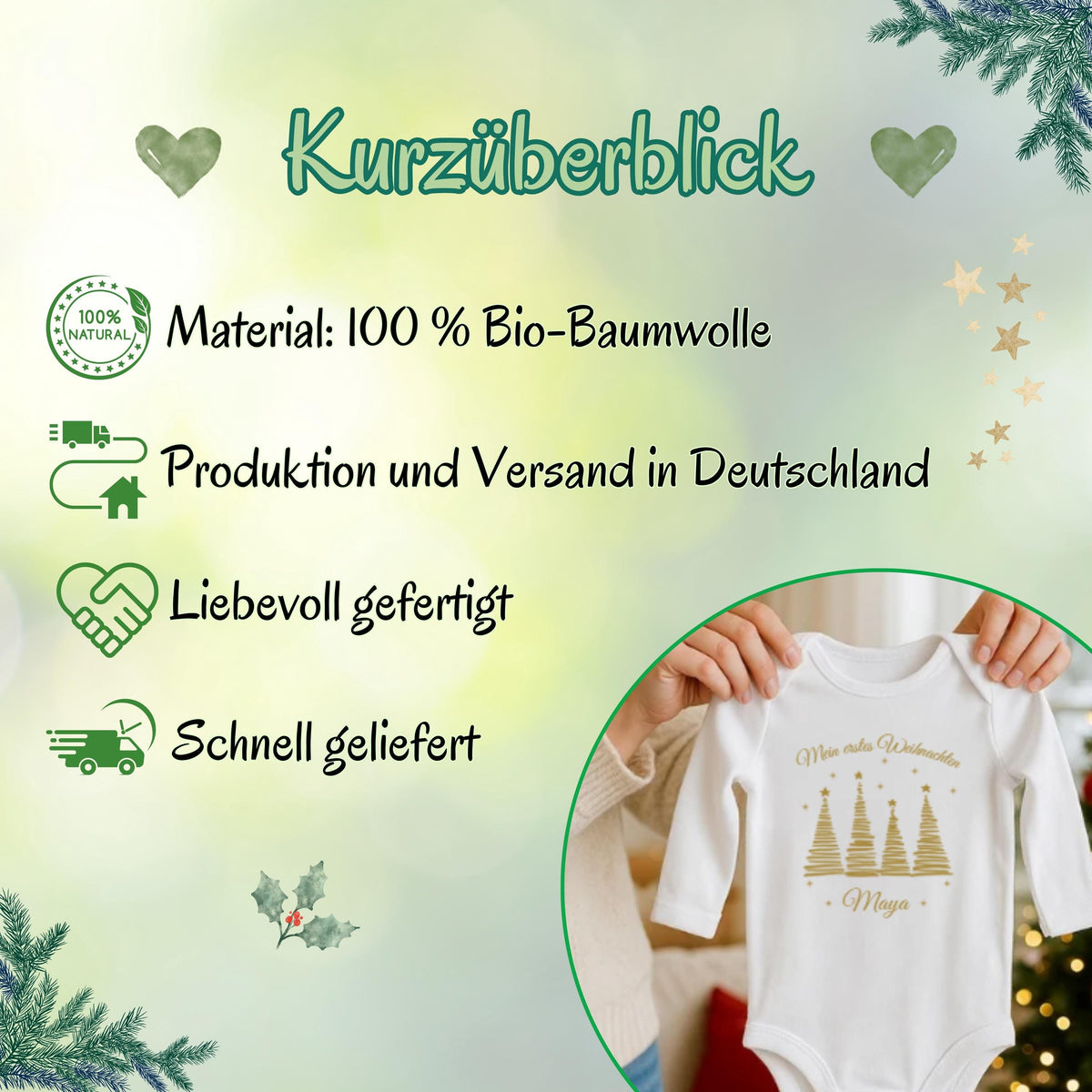 Personalisiertes Weihnachtsoutfit für Babys mit Tannenbäumen und „Mein erstes Weihnachten“-Schriftzug, Babybody aus Bio-Baumwolle mit Namensaufdruck. Ideal als Geschenk zur Wintergeburt oder fürs erste Weihnachtsfest 2025. Das Design eignet sich für Jungen und Mädchen, ist schlicht, elegant und festlich. Der Babybody ist in Langarm oder Kurzarm wählbar, perfekt für Fotos, Besuche bei Oma & Opa oder als Teil eines weihnachtlichen Partnerlooks mit der Familie. Mein erstes Weihnachten Body