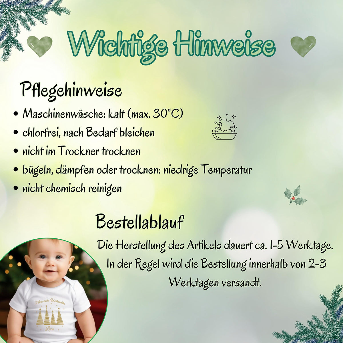 Personalisiertes Weihnachtsoutfit für Babys mit Tannenbäumen und „Mein erstes Weihnachten“-Schriftzug, Babybody aus Bio-Baumwolle mit Namensaufdruck. Ideal als Geschenk zur Wintergeburt oder fürs erste Weihnachtsfest 2025. Das Design eignet sich für Jungen und Mädchen, ist schlicht, elegant und festlich. Der Babybody ist in Langarm oder Kurzarm wählbar, perfekt für Fotos, Besuche bei Oma & Opa oder als Teil eines weihnachtlichen Partnerlooks mit der Familie. Mein erstes Weihnachten Body