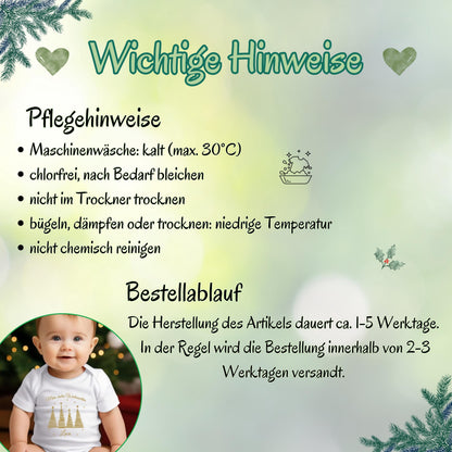 Personalisiertes Weihnachtsoutfit für Babys mit Tannenbäumen und „Mein erstes Weihnachten“-Schriftzug, Babybody aus Bio-Baumwolle mit Namensaufdruck. Ideal als Geschenk zur Wintergeburt oder fürs erste Weihnachtsfest 2025. Das Design eignet sich für Jungen und Mädchen, ist schlicht, elegant und festlich. Der Babybody ist in Langarm oder Kurzarm wählbar, perfekt für Fotos, Besuche bei Oma & Opa oder als Teil eines weihnachtlichen Partnerlooks mit der Familie. Mein erstes Weihnachten Body