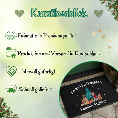 Personalisierte Weihnachtsfußmatte mit Hunden und Wunschname. Türmatte Weihnachten mit niedlichen Hundemotiven, Weihnachtsbaum und Text „Frohe Wuffnachten“. Ideal als festliche Eingangsmatte, Weihnachtsgeschenk für Hundebesitzer, Haustierfreunde oder Familien mit Hund. Robuste, wetterfeste Fußmatte mit Namen, perfekt für Flur, Haustür oder überdachten Außenbereich. Weihnachtstürmatte mit Hundedesign humorvoll, liebevoll, dekorativ.Fußmatte personalisiert mit Hundemotiv Türmatte Weihnachten Hunde