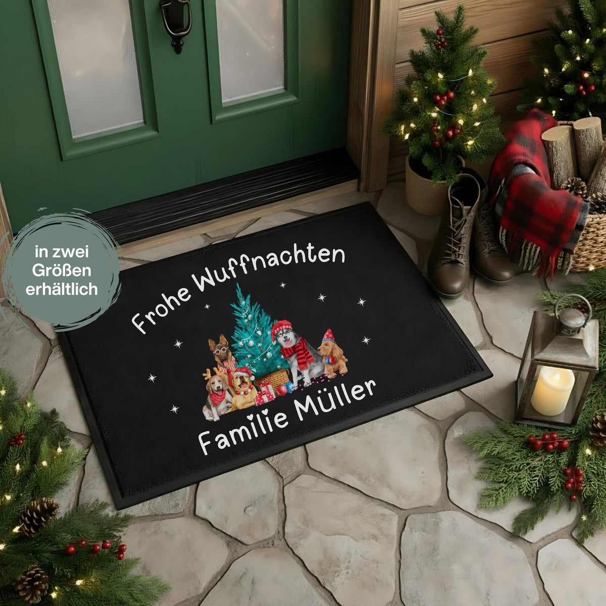 Personalisierte Weihnachtsfußmatte mit Hunden und Wunschname. Türmatte Weihnachten mit niedlichen Hundemotiven, Weihnachtsbaum und Text „Frohe Wuffnachten“. Ideal als festliche Eingangsmatte, Weihnachtsgeschenk für Hundebesitzer, Haustierfreunde oder Familien mit Hund. Robuste, wetterfeste Fußmatte mit Namen, perfekt für Flur, Haustür oder überdachten Außenbereich. Weihnachtstürmatte mit Hundedesign humorvoll, liebevoll, dekorativ.Fußmatte personalisiert mit Hundemotiv Türmatte Weihnachten Hunde