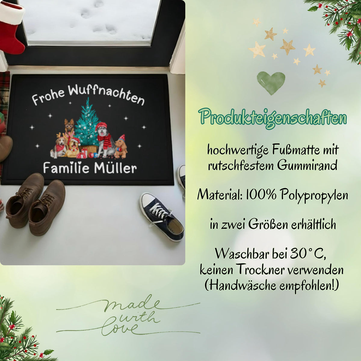 Personalisierte Weihnachtsfußmatte mit Hunden und Wunschname. Türmatte Weihnachten mit niedlichen Hundemotiven, Weihnachtsbaum und Text „Frohe Wuffnachten“. Ideal als festliche Eingangsmatte, Weihnachtsgeschenk für Hundebesitzer, Haustierfreunde oder Familien mit Hund. Robuste, wetterfeste Fußmatte mit Namen, perfekt für Flur, Haustür oder überdachten Außenbereich. Weihnachtstürmatte mit Hundedesign humorvoll, liebevoll, dekorativ.Fußmatte personalisiert mit Hundemotiv Türmatte Weihnachten Hunde