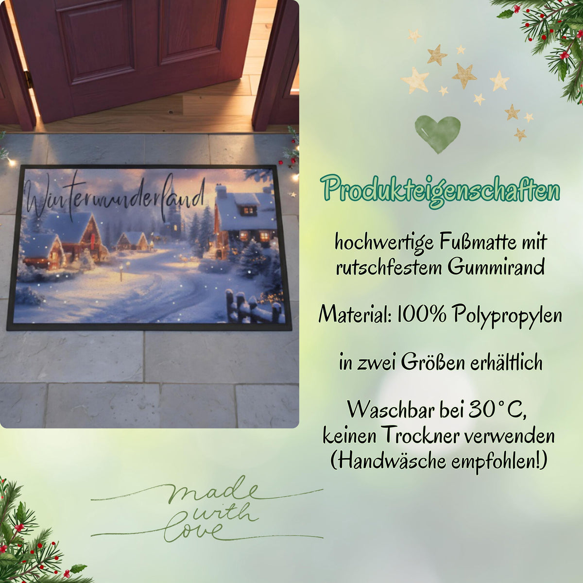 Weihnachtsfußmatte Winterwunderland mit winterlicher Landschaft, verschneiten Häusern und festlicher Beleuchtung. Die Türmatte Weihnachten ist ideal für den Eingangsbereich und schafft eine gemütliche, festliche Atmosphäre – perfekt als Geschenkidee zu Weihnachten oder als stimmungsvolle Deko für Flur, Hausflur oder Wohnung. Fußmatte ohne Personalisierung, robust, pflegeleicht, winterlich gestaltet. Ideal für Familien, Nachbarn, Kollegen. Türmatte Weihnachtsmotiv Winterwunderland