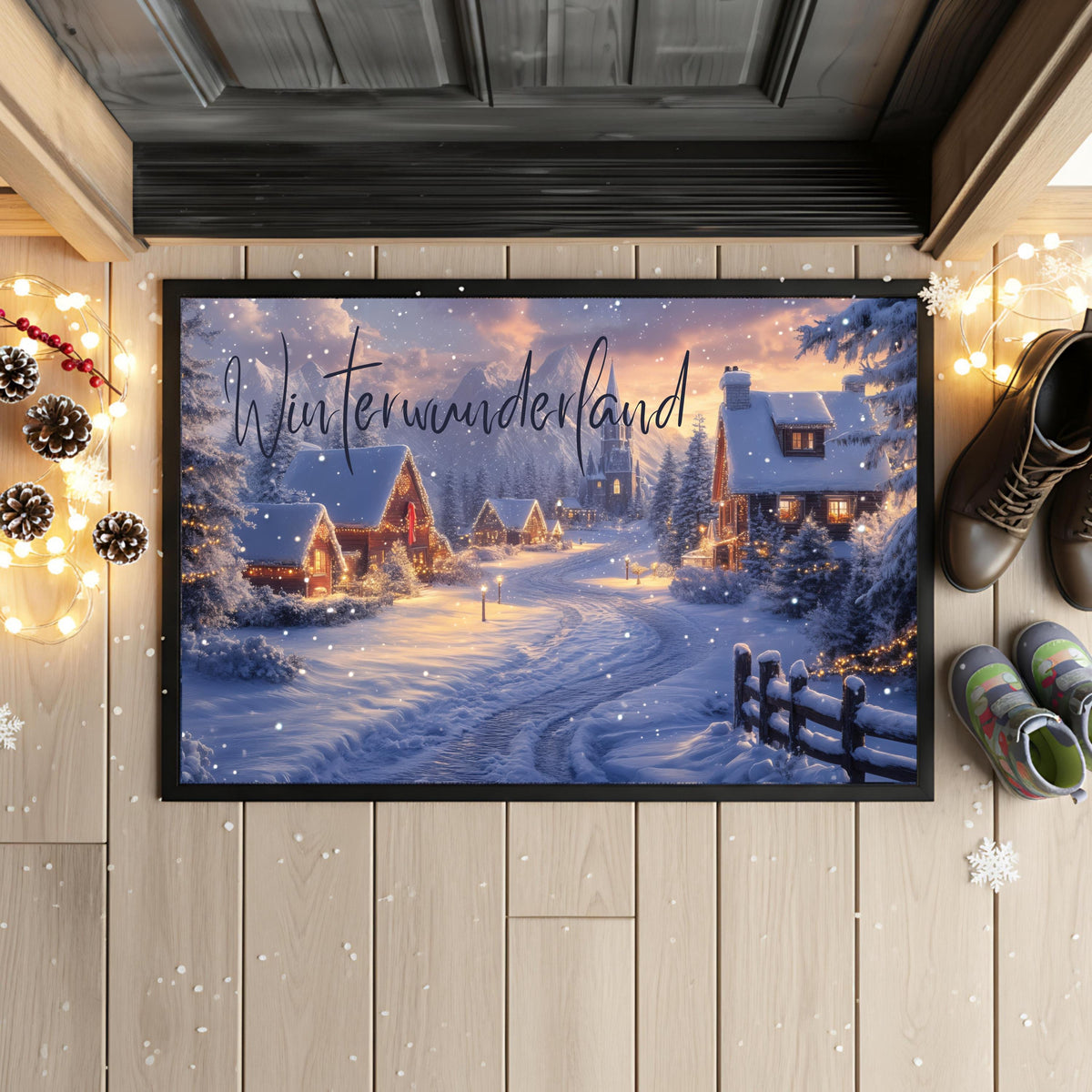 Weihnachtsfußmatte Winterwunderland mit winterlicher Landschaft, verschneiten Häusern und festlicher Beleuchtung. Die Türmatte Weihnachten ist ideal für den Eingangsbereich und schafft eine gemütliche, festliche Atmosphäre – perfekt als Geschenkidee zu Weihnachten oder als stimmungsvolle Deko für Flur, Hausflur oder Wohnung. Fußmatte ohne Personalisierung, robust, pflegeleicht, winterlich gestaltet. Ideal für Familien, Nachbarn, Kollegen. Türmatte Weihnachtsmotiv Winterwunderland
