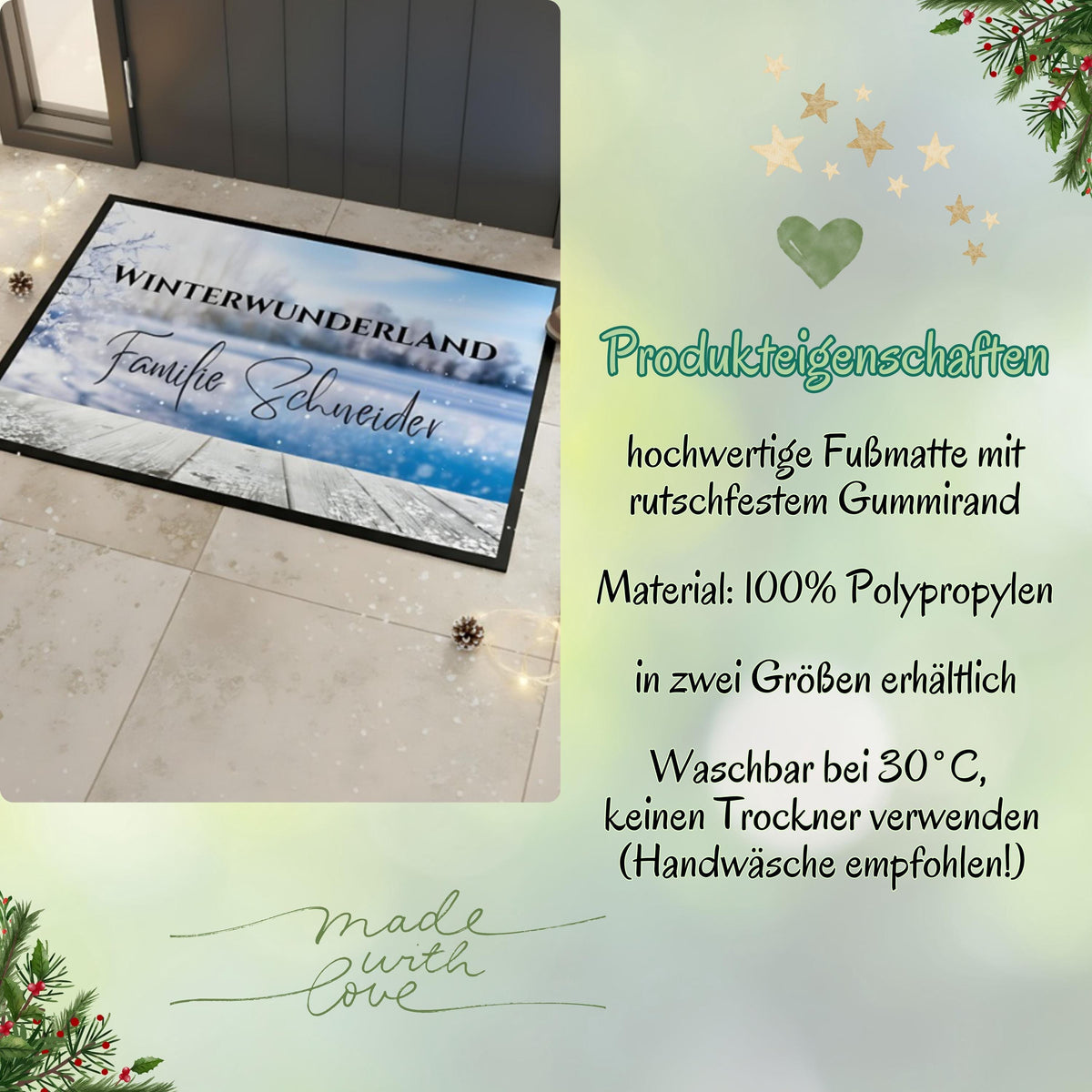 Personalisierte Weihnachtsfußmatte mit dem Schriftzug „Winterwunderland“ und Familiennamen, winterliches Design mit Frost und Schneelandschaft. Diese Türmatte Weihnachten eignet sich ideal als festliche Dekoration für den Eingangsbereich und als Geschenkidee zur Weihnachtszeit. Die rutschfeste, pflegeleichte Fußmatte ist perfekt für Innenräume oder überdachte Außenbereiche. Winterliche Türmatte mit Namen – personalisierbar, hochwertig, robust und ein weihnachtlicher Blickfang für Familien