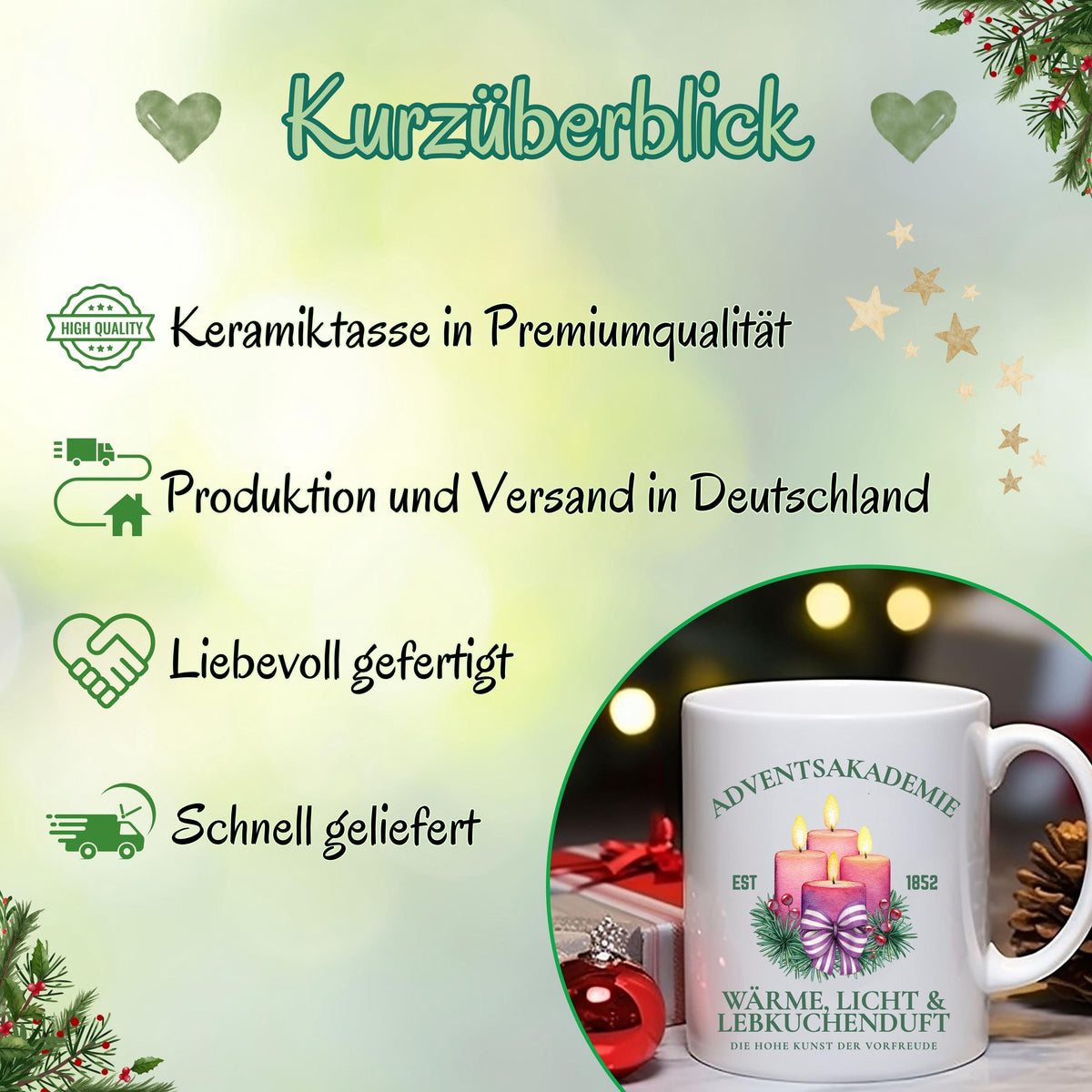 Weihnachtstasse mit Kerzen und Spruch „Wärme, Licht & Lebkuchenduft“ – festliches Motiv mit Tannenzweigen & Schleife. Perfekt als Adventstasse für Kaffee, Tee oder Kakao, Geschenkidee zu Weihnachten für Familie, Freunde oder Kollegen. Hochwertige Keramiktasse, spülmaschinengeeignet & mikrowellenfest. Ideal als Nikolausgeschenk, Wichtelgeschenk oder kleine Aufmerksamkeit in der Adventszeit. Weihnachtsbecher mit klassischem Design für gemütliche Wintertage, Glühweinabende und festliche Stimmung