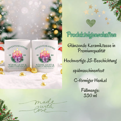 Weihnachtstasse mit Kerzen und Spruch „Wärme, Licht & Lebkuchenduft“ – festliches Motiv mit Tannenzweigen & Schleife. Perfekt als Adventstasse für Kaffee, Tee oder Kakao, Geschenkidee zu Weihnachten für Familie, Freunde oder Kollegen. Hochwertige Keramiktasse, spülmaschinengeeignet & mikrowellenfest. Ideal als Nikolausgeschenk, Wichtelgeschenk oder kleine Aufmerksamkeit in der Adventszeit. Weihnachtsbecher mit klassischem Design für gemütliche Wintertage, Glühweinabende und festliche Stimmung