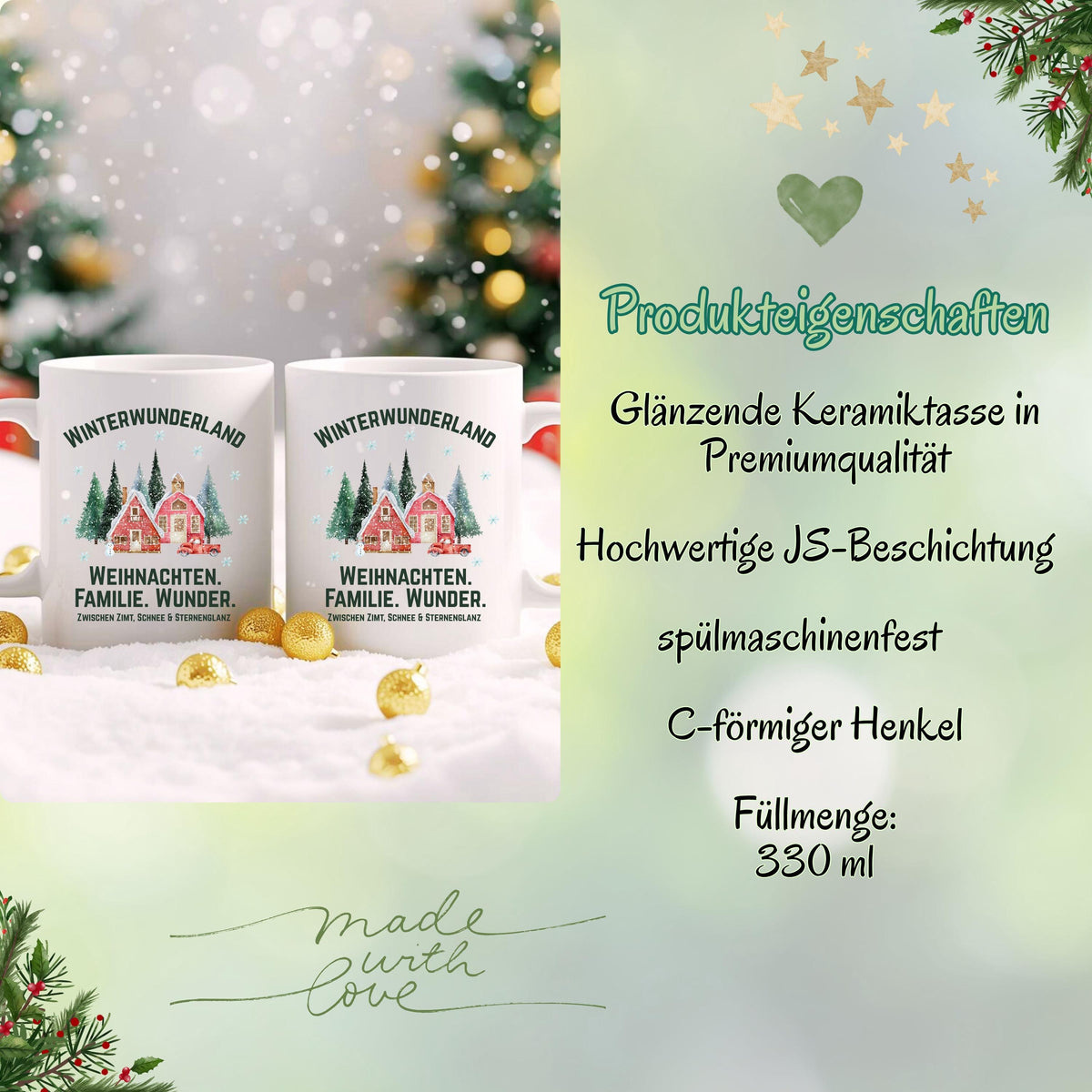 Weihnachtstasse mit Winterwunderland-Motiv und Spruch „Weihnachten. Familie. Wunder.“ – Geschenkidee für Weihnachten, Advent & Winter. Ideal für Familie, Freunde oder Kollegen. Die Tasse zeigt verschneite Häuser, Tannen & Schneeflocken – perfekt für Kaffee, Tee, Kakao oder Glühwein. Hochwertiger Druck, spülmaschinenfest, mikrowellengeeignet. Weihnachtsbecher mit emotionaler Botschaft – für festliche Momente, gemütliche Kaffeepausen oder als liebevolles Geschenk zur Weihnachtszeit. Winterbecher
