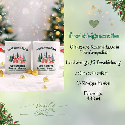 Weihnachtstasse mit Winterwunderland-Motiv und Spruch „Weihnachten. Familie. Wunder.“ – Geschenkidee für Weihnachten, Advent & Winter. Ideal für Familie, Freunde oder Kollegen. Die Tasse zeigt verschneite Häuser, Tannen & Schneeflocken – perfekt für Kaffee, Tee, Kakao oder Glühwein. Hochwertiger Druck, spülmaschinenfest, mikrowellengeeignet. Weihnachtsbecher mit emotionaler Botschaft – für festliche Momente, gemütliche Kaffeepausen oder als liebevolles Geschenk zur Weihnachtszeit. Winterbecher