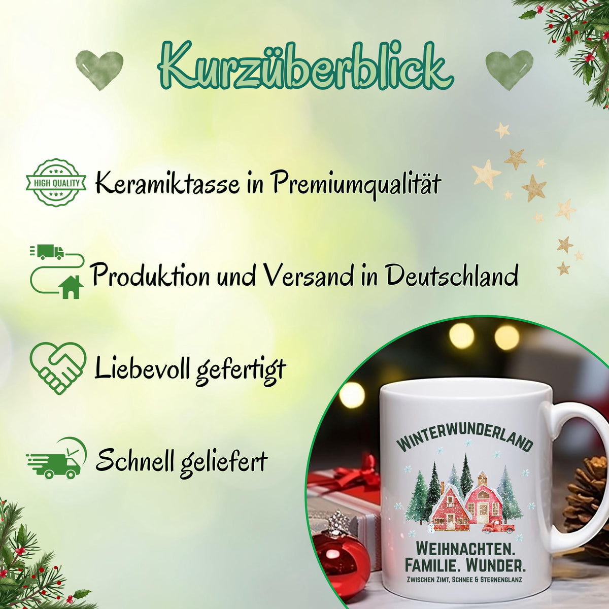 Weihnachtstasse mit Winterwunderland-Motiv und Spruch „Weihnachten. Familie. Wunder.“ – Geschenkidee für Weihnachten, Advent & Winter. Ideal für Familie, Freunde oder Kollegen. Die Tasse zeigt verschneite Häuser, Tannen & Schneeflocken – perfekt für Kaffee, Tee, Kakao oder Glühwein. Hochwertiger Druck, spülmaschinenfest, mikrowellengeeignet. Weihnachtsbecher mit emotionaler Botschaft – für festliche Momente, gemütliche Kaffeepausen oder als liebevolles Geschenk zur Weihnachtszeit. Winterbecher