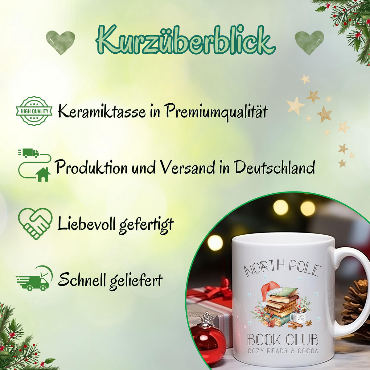 Weihnachtstasse „North Pole Book Club“ mit winterlichem Bücher-Motiv – perfektes Geschenk für Buchliebhaber, Leseratten und Weihnachtsfans. Die Tasse zeigt einen festlich dekorierten Bücherstapel mit Weihnachtsmütze, umgeben von winterlichen Elementen. Ideal als Geschenkidee zu Weihnachten für Vielleser, Buchclub-Mitglieder, Literaturfreunde, Kolleginnen oder Lehrerinnen. Ein liebevolles Präsent für Advent, Nikolaus oder Heiligabend – für gemütliche Lesemomente mit Kakao, Tee oder Kaffee