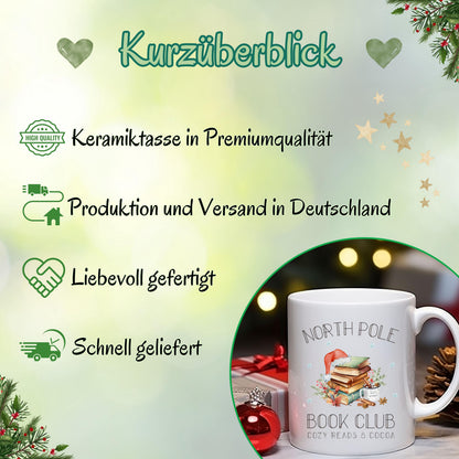 Weihnachtstasse „North Pole Book Club“ mit winterlichem Bücher-Motiv – perfektes Geschenk für Buchliebhaber, Leseratten und Weihnachtsfans. Die Tasse zeigt einen festlich dekorierten Bücherstapel mit Weihnachtsmütze, umgeben von winterlichen Elementen. Ideal als Geschenkidee zu Weihnachten für Vielleser, Buchclub-Mitglieder, Literaturfreunde, Kolleginnen oder Lehrerinnen. Ein liebevolles Präsent für Advent, Nikolaus oder Heiligabend – für gemütliche Lesemomente mit Kakao, Tee oder Kaffee