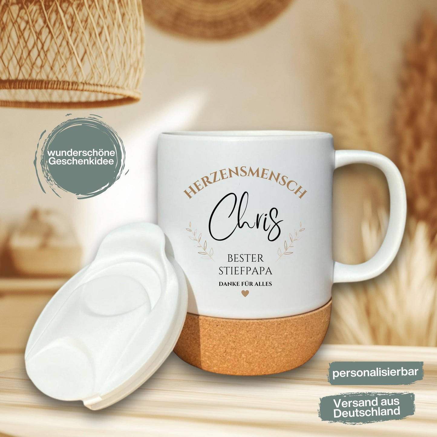 Stiefpapa Tasse personalisiert mit Namen | Korktasse Bonuspapa Geschenk Geburtstag