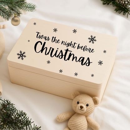 Weihnachtliche Geschenkbox aus Holz mit dem Schriftzug „Twas the night before Christmas“. Perfekt als Christmas Eve Box zum Befüllen für Kinder – für kleine Überraschungen, weihnachtliche Rituale und magische Momente am 24. Dezember. Hochwertige Holzkiste ohne Inhalt, ideal für Weihnachten, Heiligabend, DIY-Geschenke und neue Familientraditionen. Nachhaltig, personalisierbar, liebevoll verarbeitet. Christmas Eve Box aus Holz Weihnachtsabendbox | Geschenkbox Weihnachten