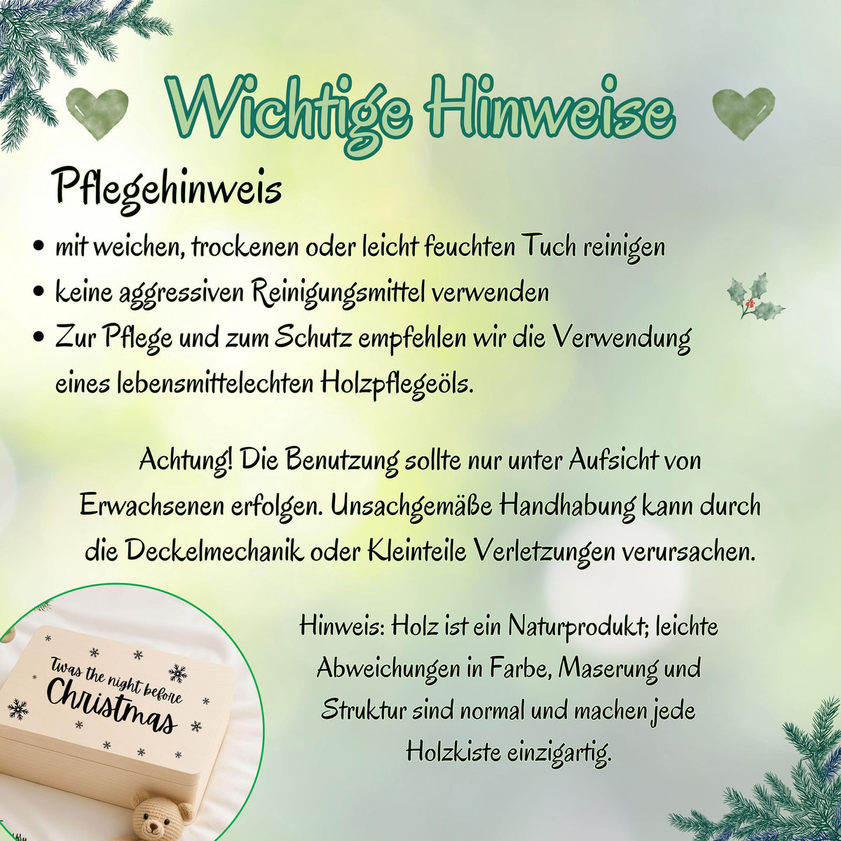 Weihnachtliche Geschenkbox aus Holz mit dem Schriftzug „Twas the night before Christmas“. Perfekt als Christmas Eve Box zum Befüllen für Kinder – für kleine Überraschungen, weihnachtliche Rituale und magische Momente am 24. Dezember. Hochwertige Holzkiste ohne Inhalt, ideal für Weihnachten, Heiligabend, DIY-Geschenke und neue Familientraditionen. Nachhaltig, personalisierbar, liebevoll verarbeitet. Christmas Eve Box aus Holz Weihnachtsabendbox | Geschenkbox Weihnachten