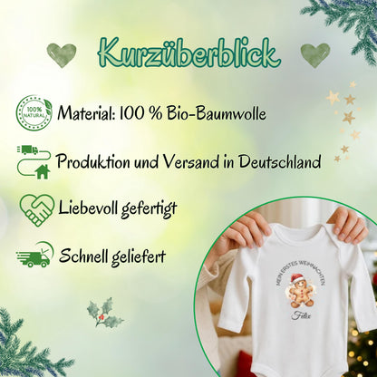 Mein erstes Weihnachten Babybody Weihnachten 2025 aus weißer Bio-Baumwolle mit Lebkuchenmann-Motiv und Text „Mein erstes Weihnachten“. Name des Babys wird personalisiert unter das Motiv gedruckt. Ideal als Weihnachtsoutfit Baby, Babybody personalisiert, Geschenk zur Geburt oder Taufe im Winter. Kurzarm oder Langarm wählbar. Weicher Stoff, hautfreundlich, maschinenwaschbar, nachhaltiger Direktdruck. Perfekt für Neugeborene, Familienfotos, Partnerlook, Baby-Erinnerung oder Babyparty-Geschenk.