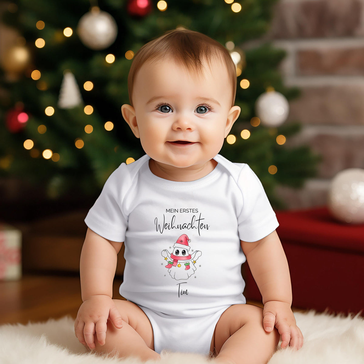 Babybody Weihnachten 2025 aus weißer Bio-Baumwolle mit rosa Weihnachtsgeist-Motiv, Nikolausmütze, buntem Schal und Sternen. Text „Mein erstes Weihnachten“ über dem Motiv, Name des Babys darunter personalisiert (z. B. Matteo). In Langarm oder Kurzarm wählbar. Ideal als Babybody personalisiert, Weihnachtsoutfit Baby, Geschenk zur Geburt oder Taufe im Winter. Hautfreundlich langlebiger Druck. Perfekt für Familienfotos, Partnerlook mit Geschwistern oder als festliche Babykleidung zur Weihnachtszeit.