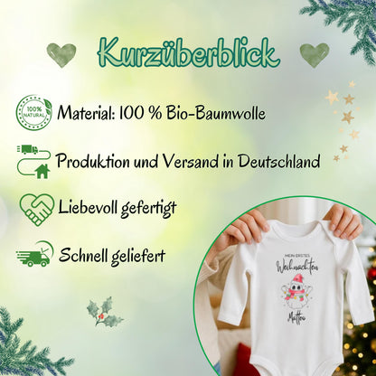 Babybody Weihnachten 2025 aus weißer Bio-Baumwolle mit rosa Weihnachtsgeist-Motiv, Nikolausmütze, buntem Schal und Sternen. Text „Mein erstes Weihnachten“ über dem Motiv, Name des Babys darunter personalisiert (z. B. Matteo). In Langarm oder Kurzarm wählbar. Ideal als Babybody personalisiert, Weihnachtsoutfit Baby, Geschenk zur Geburt oder Taufe im Winter. Hautfreundlich langlebiger Druck. Perfekt für Familienfotos, Partnerlook mit Geschwistern oder als festliche Babykleidung zur Weihnachtszeit.