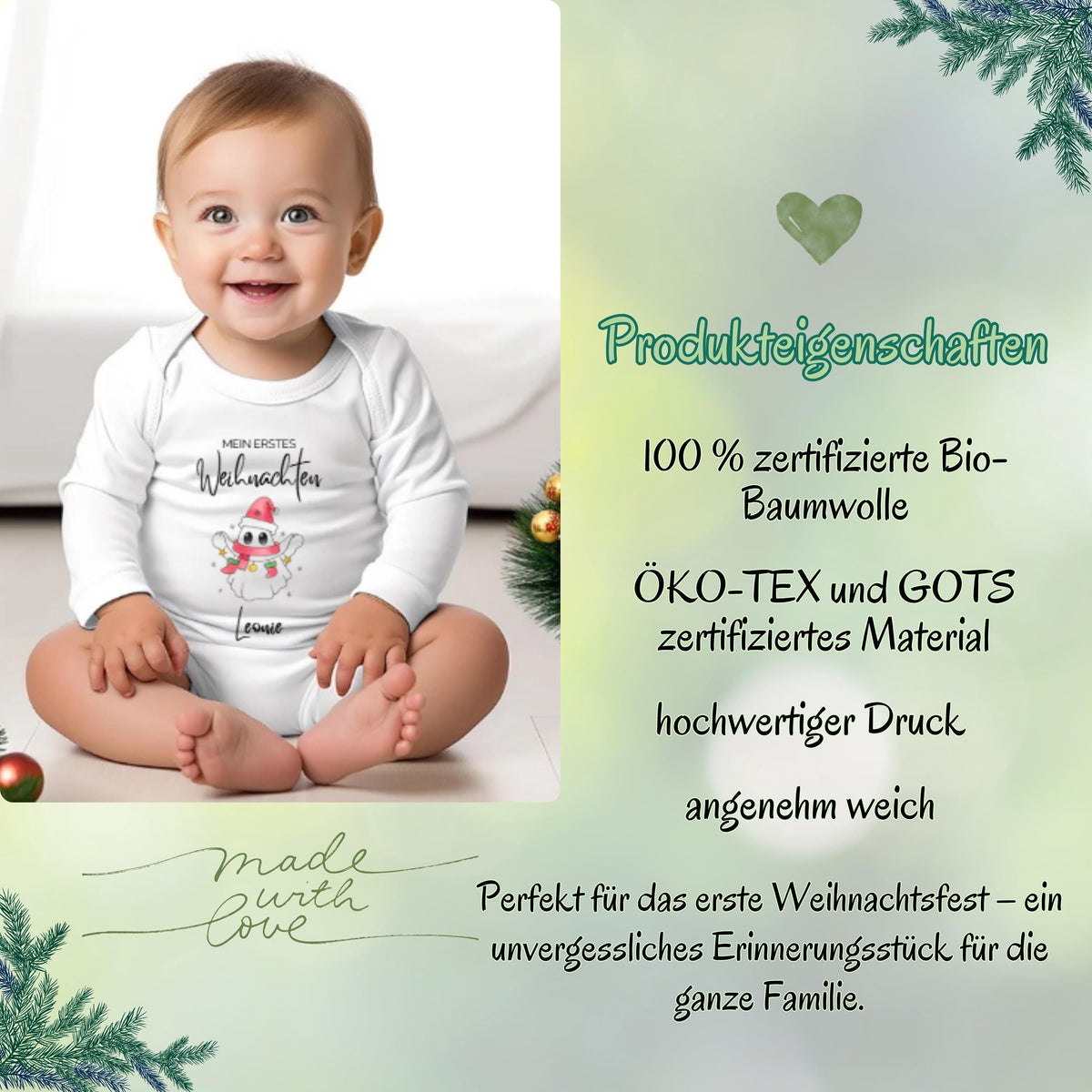 Babybody Weihnachten 2025 aus weißer Bio-Baumwolle mit rosa Weihnachtsgeist-Motiv, Nikolausmütze, buntem Schal und Sternen. Text „Mein erstes Weihnachten“ über dem Motiv, Name des Babys darunter personalisiert (z. B. Matteo). In Langarm oder Kurzarm wählbar. Ideal als Babybody personalisiert, Weihnachtsoutfit Baby, Geschenk zur Geburt oder Taufe im Winter. Hautfreundlich langlebiger Druck. Perfekt für Familienfotos, Partnerlook mit Geschwistern oder als festliche Babykleidung zur Weihnachtszeit.
