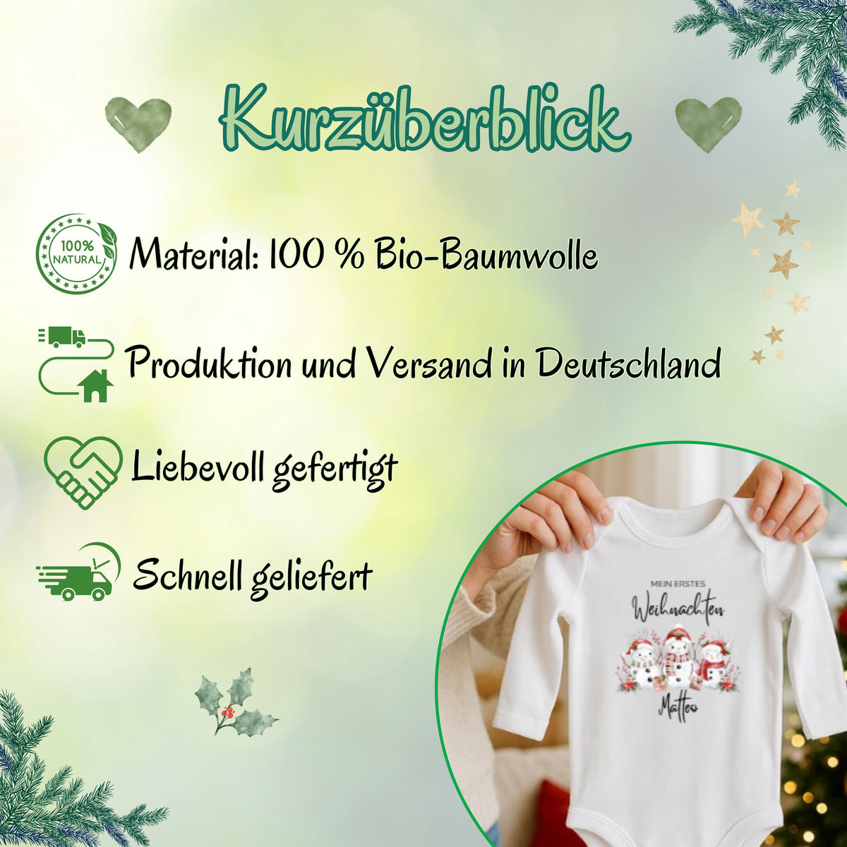 Personalisierter Babybody für Weihnachten 2025 mit Schneemännern in Mütze, Schal und Weihnachtsoutfit. Aufdruck „Mein erstes Weihnachten“ und Name. Hochwertiger Direktdruck auf Body aus 100 % Bio-Baumwolle. Erhältlich in Langarm oder Kurzarm, waschbar bei 30 °C, ideal für Winterbabys. Perfekt als Geschenk zur Wintergeburt, für Familienfotos, für Babys erstes Weihnachtsfest oder als Partnerlook mit Eltern & Geschwistern. Liebevolles Erinnerungsstück für festliche Momente im ersten Lebensjahr.