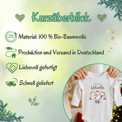 Personalisierter Babybody für Weihnachten 2025 mit Schneemännern in Mütze, Schal und Weihnachtsoutfit. Aufdruck „Mein erstes Weihnachten“ und Name. Hochwertiger Direktdruck auf Body aus 100 % Bio-Baumwolle. Erhältlich in Langarm oder Kurzarm, waschbar bei 30 °C, ideal für Winterbabys. Perfekt als Geschenk zur Wintergeburt, für Familienfotos, für Babys erstes Weihnachtsfest oder als Partnerlook mit Eltern & Geschwistern. Liebevolles Erinnerungsstück für festliche Momente im ersten Lebensjahr.
