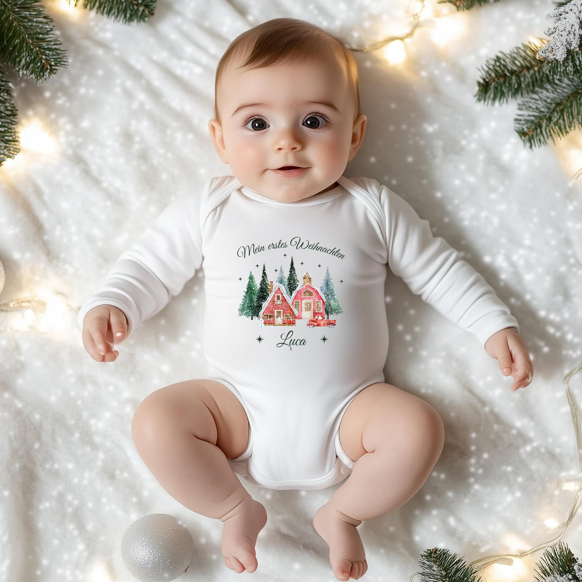 Babybody „Mein erstes Weihnachten“ mit nostalgischem Weihnachtsdorf-Motiv: zwei rote Häuser, verschneite Tannen und ein Vintage-Auto mit Weihnachtsbaum. Inklusive personalisiertem Namen (z. B. Luisa) unter dem Design. Aus 100 % Bio-Baumwolle, in Kurzarm oder Langarm erhältlich. Ideal als Geschenk zur Wintergeburt oder fürs erste Weihnachtsfest. Perfekt für Erinnerungsfotos, Familienfeiern oder Partnerlook mit Mama und Papa. Zauberhaftes Baby-Outfit für Weihnachten 2025.