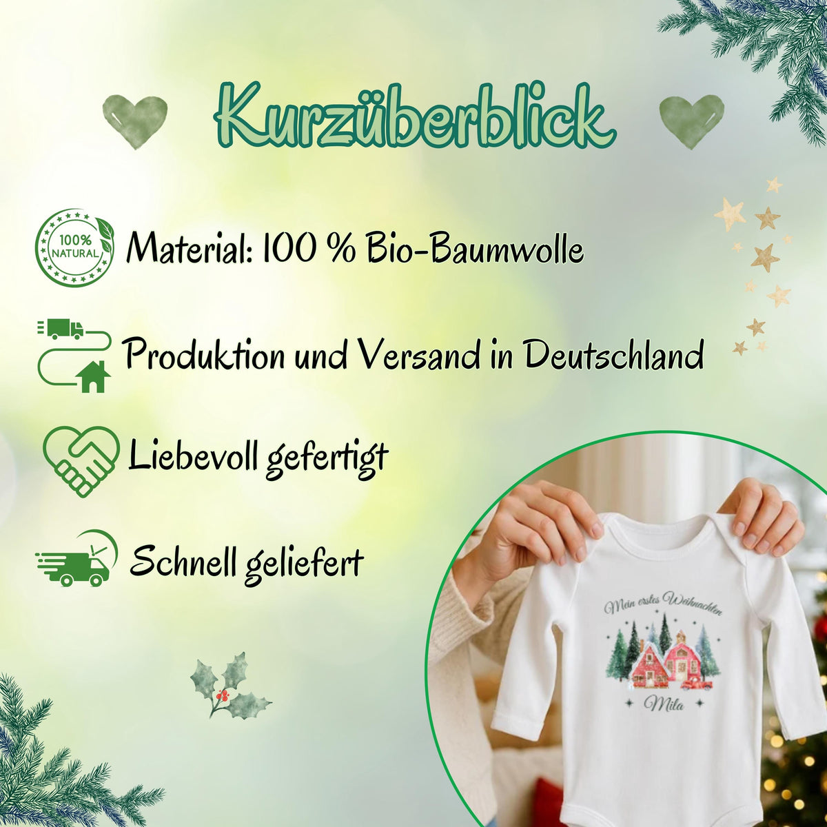 Babybody „Mein erstes Weihnachten“ mit nostalgischem Weihnachtsdorf-Motiv: zwei rote Häuser, verschneite Tannen und ein Vintage-Auto mit Weihnachtsbaum. Inklusive personalisiertem Namen (z. B. Luisa) unter dem Design. Aus 100 % Bio-Baumwolle, in Kurzarm oder Langarm erhältlich. Ideal als Geschenk zur Wintergeburt oder fürs erste Weihnachtsfest. Perfekt für Erinnerungsfotos, Familienfeiern oder Partnerlook mit Mama und Papa. Zauberhaftes Baby-Outfit für Weihnachten 2025.