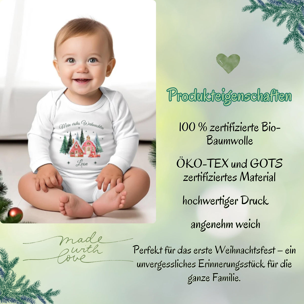 Babybody „Mein erstes Weihnachten“ mit nostalgischem Weihnachtsdorf-Motiv: zwei rote Häuser, verschneite Tannen und ein Vintage-Auto mit Weihnachtsbaum. Inklusive personalisiertem Namen (z. B. Luisa) unter dem Design. Aus 100 % Bio-Baumwolle, in Kurzarm oder Langarm erhältlich. Ideal als Geschenk zur Wintergeburt oder fürs erste Weihnachtsfest. Perfekt für Erinnerungsfotos, Familienfeiern oder Partnerlook mit Mama und Papa. Zauberhaftes Baby-Outfit für Weihnachten 2025.