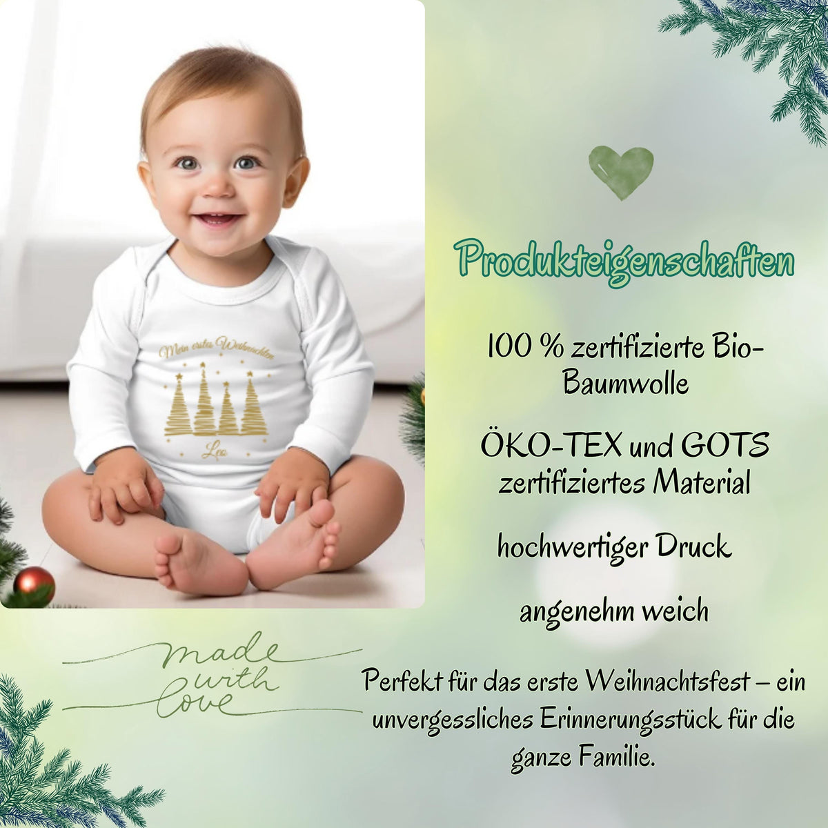 Personalisiertes Weihnachtsoutfit für Babys mit Tannenbäumen und „Mein erstes Weihnachten“-Schriftzug, Babybody aus Bio-Baumwolle mit Namensaufdruck. Ideal als Geschenk zur Wintergeburt oder fürs erste Weihnachtsfest 2025. Das Design eignet sich für Jungen und Mädchen, ist schlicht, elegant und festlich. Der Babybody ist in Langarm oder Kurzarm wählbar, perfekt für Fotos, Besuche bei Oma & Opa oder als Teil eines weihnachtlichen Partnerlooks mit der Familie. Mein erstes Weihnachten Body