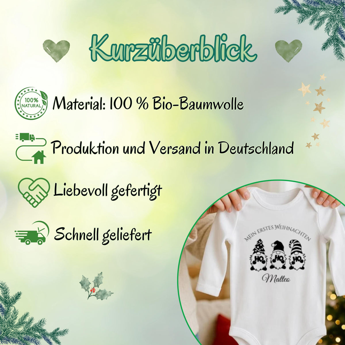 Weihnachtlicher Babybody mit Wichtel-Motiv „Ho Ho Ho“ und dem Schriftzug „Mein erstes Weihnachten“ – personalisiert mit Namen. Das festliche Design eignet sich als Weihnachtsoutfit für Babys, ideal für Jungen und Mädchen. Der Body besteht aus weicher Bio-Baumwolle und ist perfekt für Winterbabys 2025. In Weiß, wählbar mit Langarm oder Kurzarm. Perfekt als Geschenkidee für Eltern, für Fotos unterm Baum oder den ersten Familienbesuch bei Oma & Opa. Nachhaltig produziert und liebevoll bedruckt.