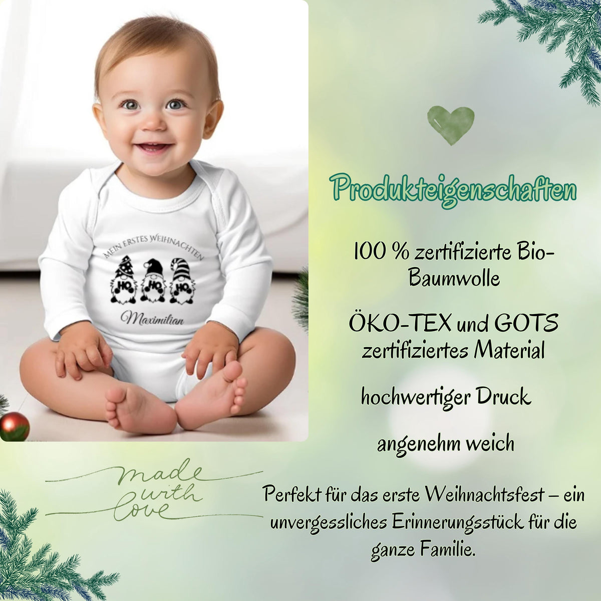 Weihnachtlicher Babybody mit Wichtel-Motiv „Ho Ho Ho“ und dem Schriftzug „Mein erstes Weihnachten“ – personalisiert mit Namen. Das festliche Design eignet sich als Weihnachtsoutfit für Babys, ideal für Jungen und Mädchen. Der Body besteht aus weicher Bio-Baumwolle und ist perfekt für Winterbabys 2025. In Weiß, wählbar mit Langarm oder Kurzarm. Perfekt als Geschenkidee für Eltern, für Fotos unterm Baum oder den ersten Familienbesuch bei Oma & Opa. Nachhaltig produziert und liebevoll bedruckt.