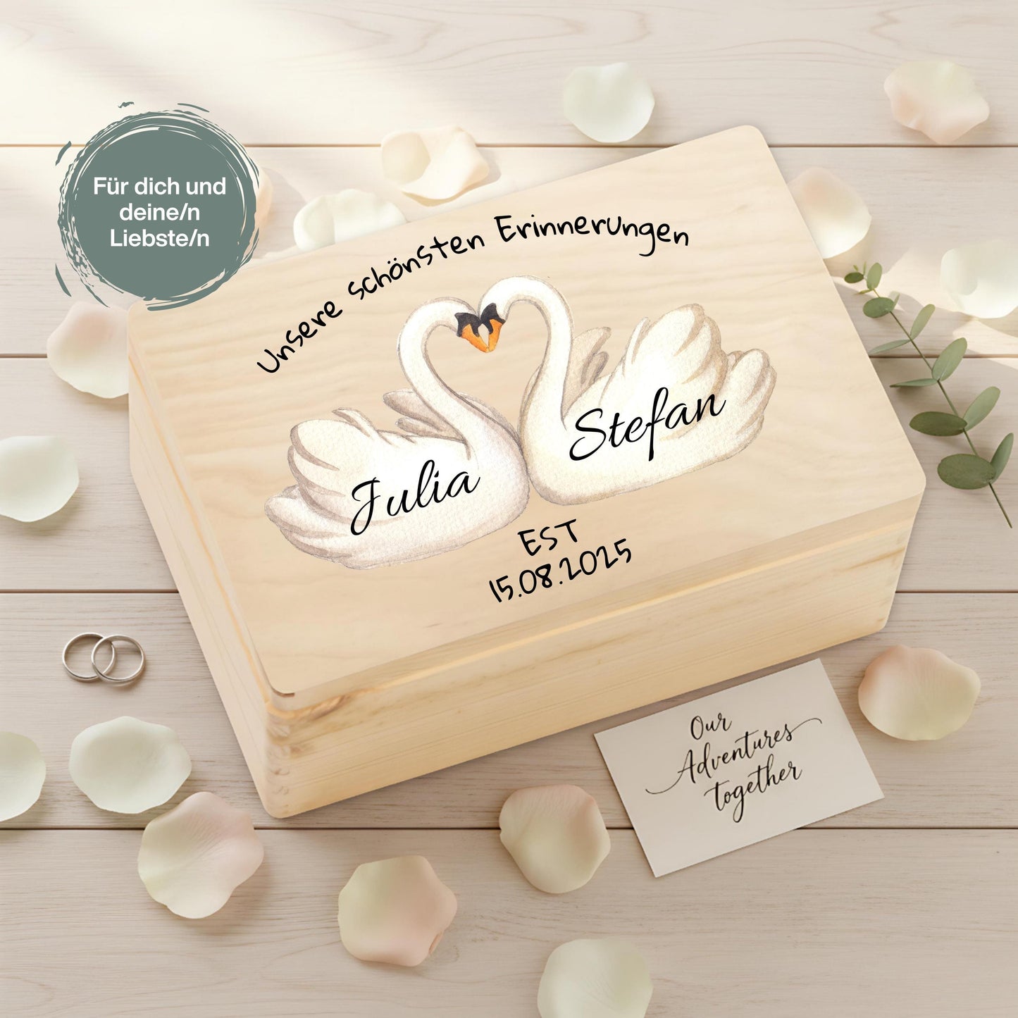 Erinnerungskiste personalisiert für Paare mit Schwänen | Geschenk zum Jahrestag