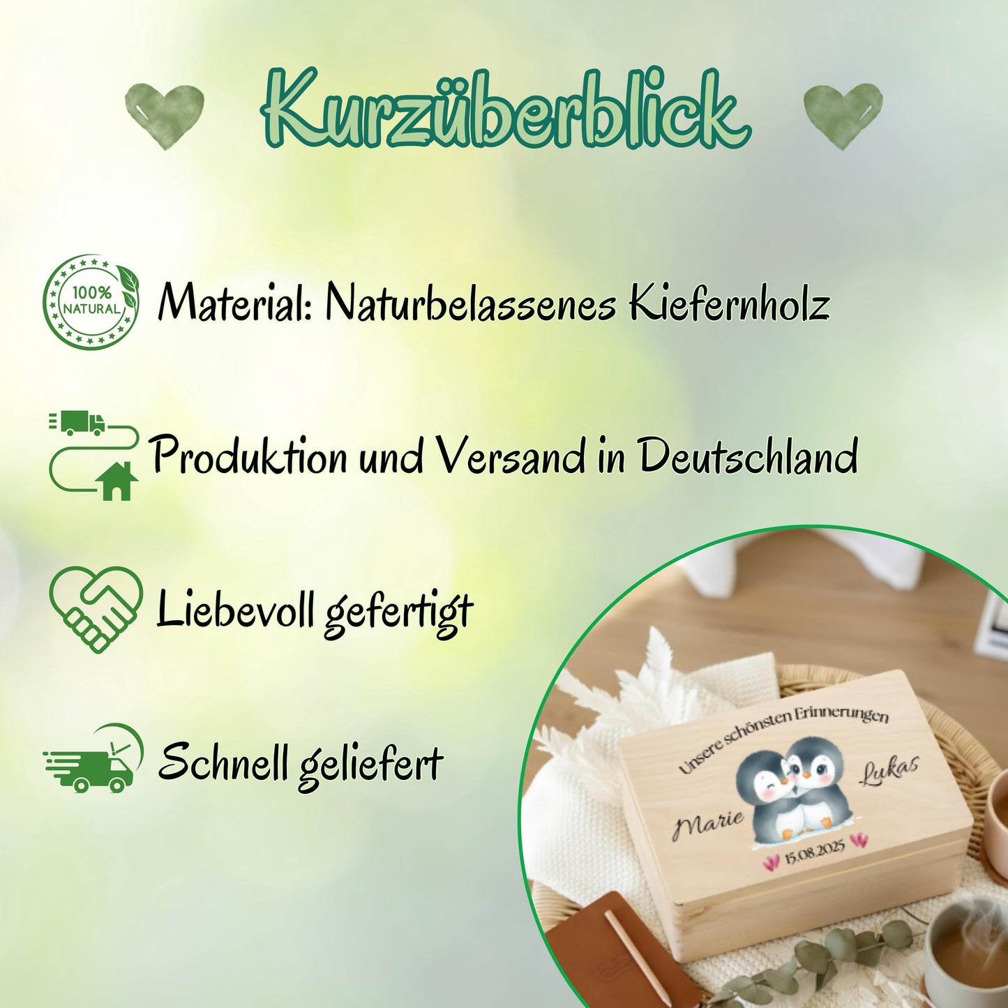 Personalisierte Erinnerungskiste Pinguine - Geschenk für Paare Valentinstag