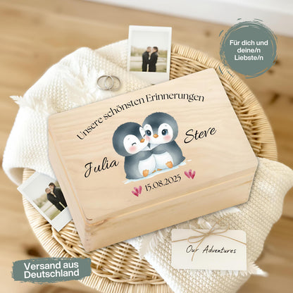 Personalisierte Erinnerungskiste Pinguine - Geschenk für Paare Valentinstag