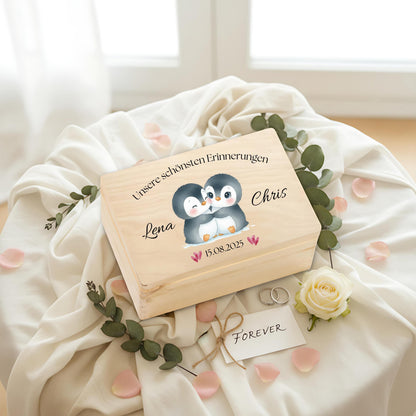 Personalisierte Erinnerungskiste Pinguine - Geschenk für Paare Valentinstag