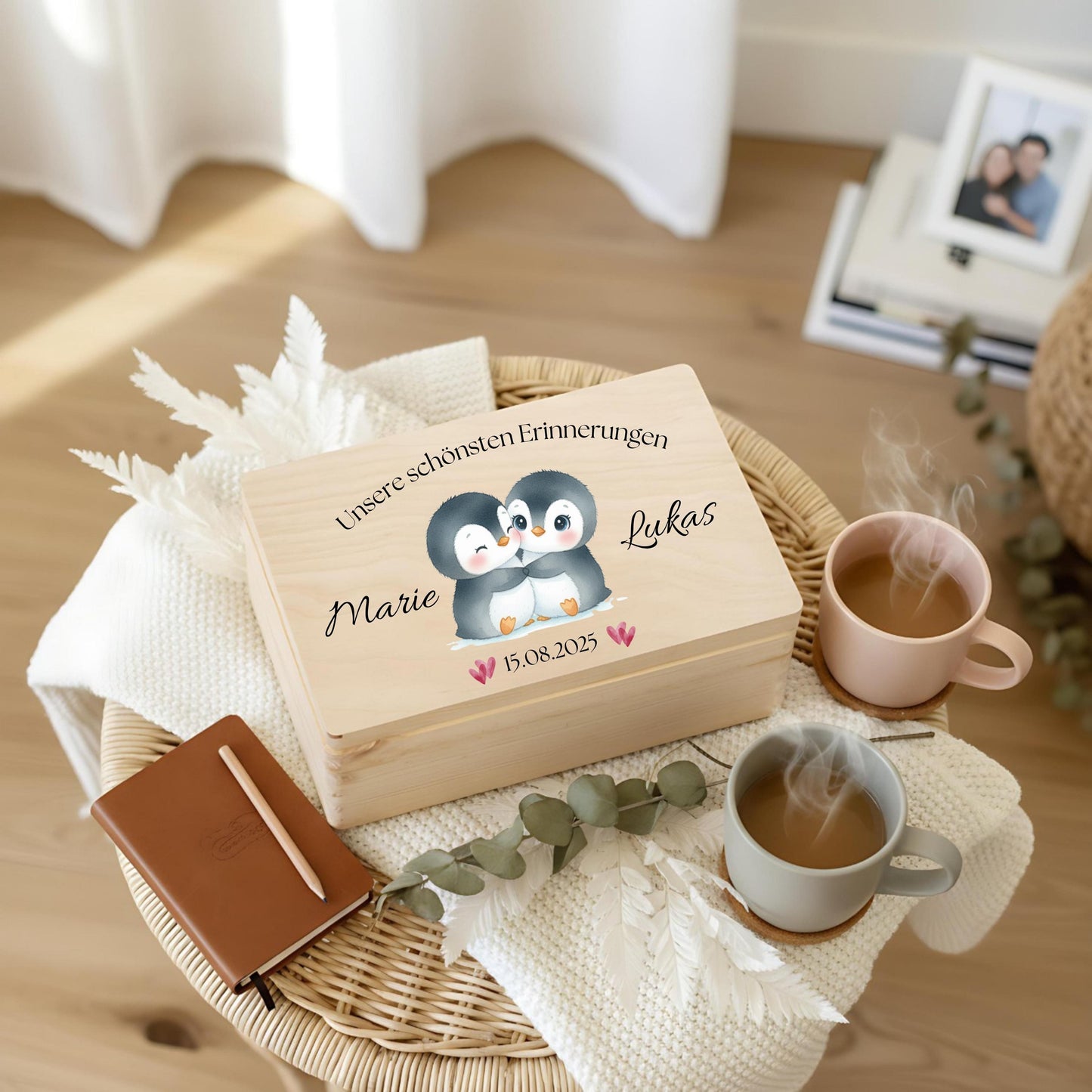 Personalisierte Erinnerungskiste Pinguine - Geschenk für Paare Valentinstag