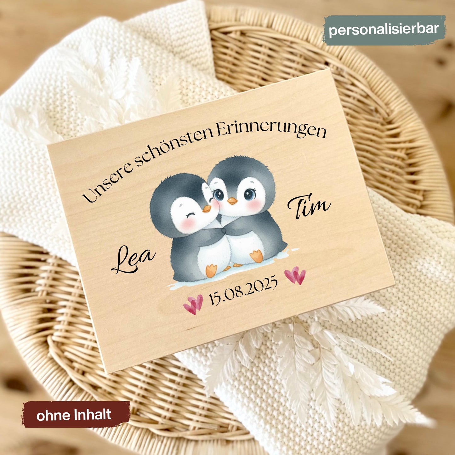 Personalisierte Erinnerungskiste Pinguine - Geschenk für Paare Valentinstag