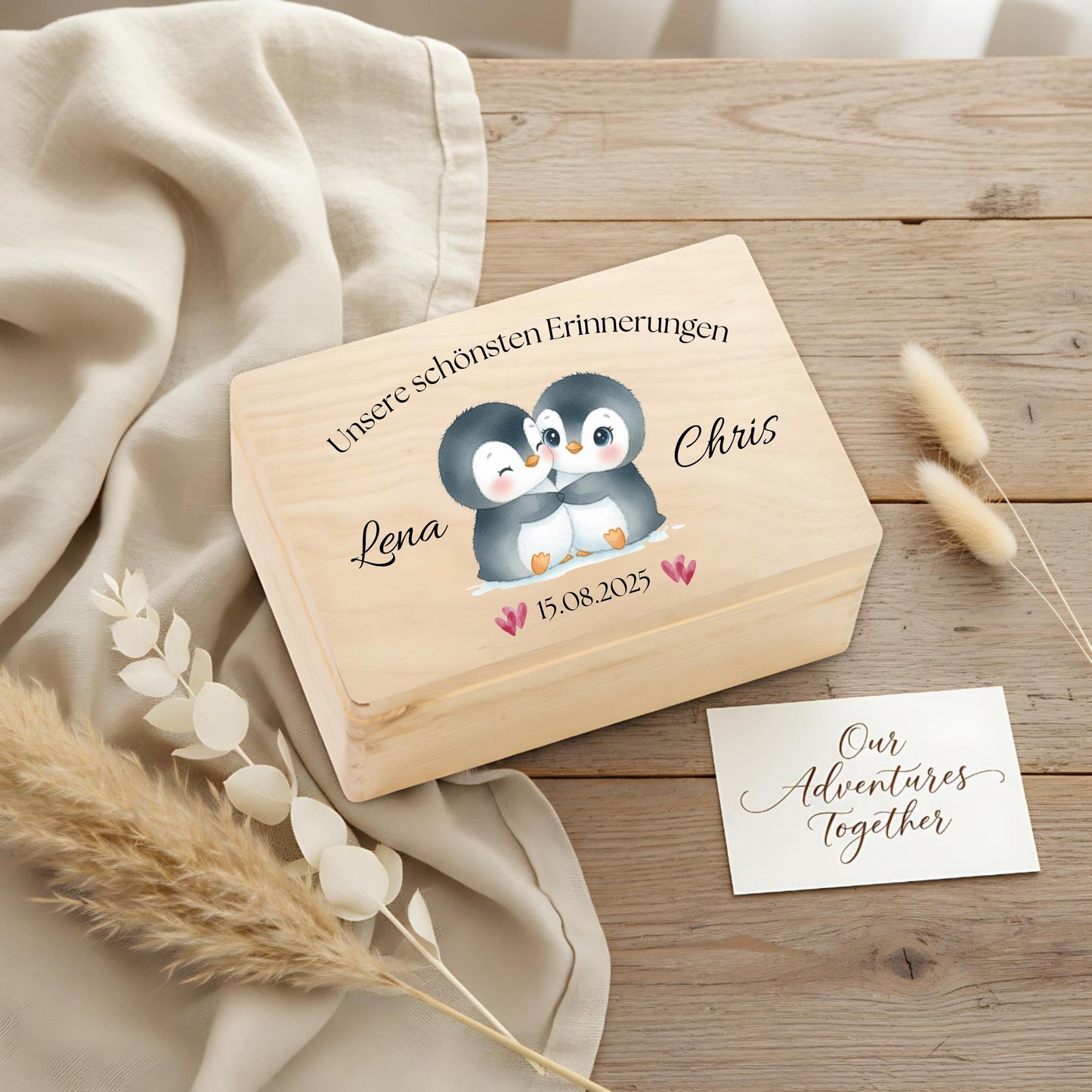 Personalisierte Erinnerungskiste Pinguine - Geschenk für Paare Valentinstag